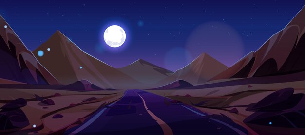 Estrada de noite de lua cheia no Egito, deserto de areia africana, ilustração de desenho animado vetorial, colinas montanhosas rochosas, terreno na África com estrelas no céu e luz da lua, fundo de jogo, seca, deserto, rota de asfalto.