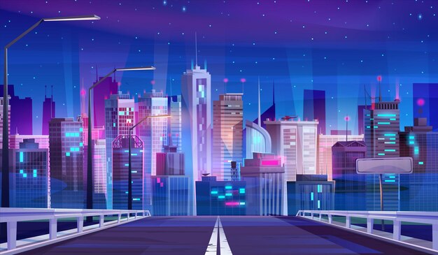 Estrada noturna para a cidade neon skyline paisagem vetor fundo urbano arranha-céu edifício panorama metrópole moderna arquitetura do centro e grande rodovia com conceito de ambiente de cerca