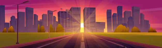 Estrada para a cidade com edifícios e arranha-céus no horizonte ao pôr do sol. Ilustração de desenho vetorial da paisagem de verão com rodovia vazia, luzes da rua, sol e cidade moderna no horizonte à noite