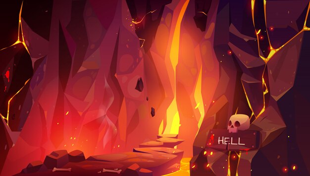 Estrada para o inferno, caverna quente infernal com lava e fogo