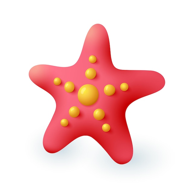 Estrela do mar vermelha do estilo dos desenhos animados 3D com ícone de pontos amarelos. Estrela do mar, animal marinho ou oceânico na ilustração vetorial plana de fundo branco. Verão, conceito de animal subaquático