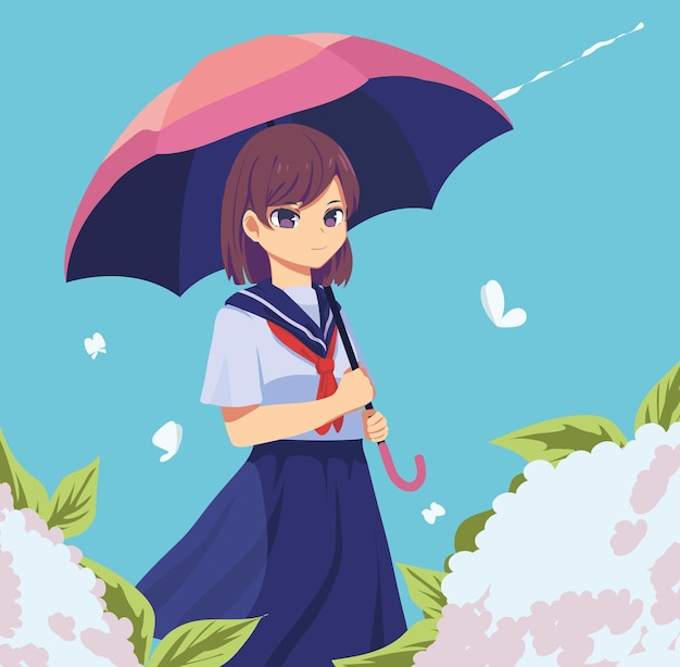 Estudante de anime com guarda-chuva e flores