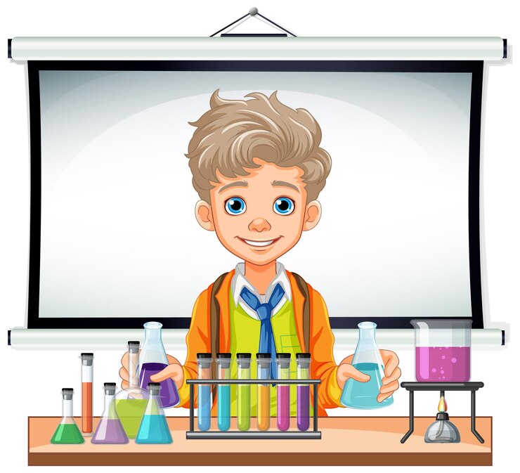 Vetor grátis estudante de desenho animado masculino segurando um frasco cônico em um experimento de aula de ciências
