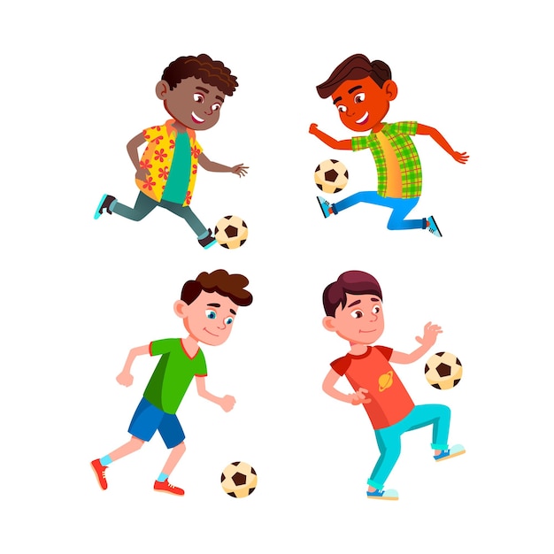 Meninos crianças jogando futebol, esporte, jogo, conjunto de