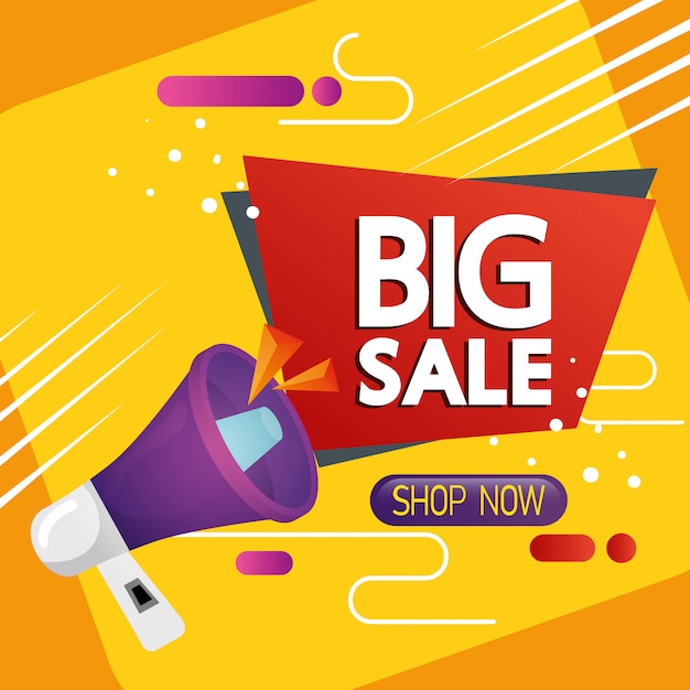 etiqueta comercial com banner de letras e megafone de grande venda