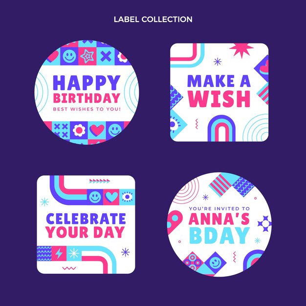 Etiqueta e emblemas de aniversário em mosaico de design plano