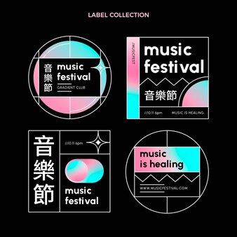 Etiqueta e emblemas de festivais de música coloridos em gradiente