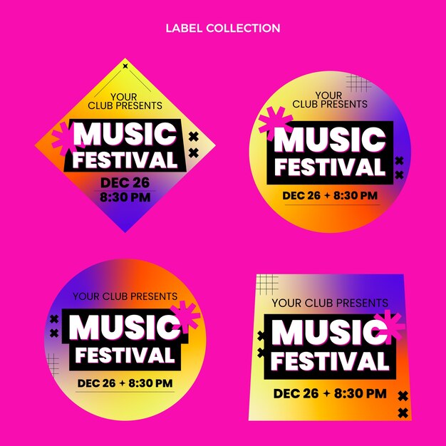 Etiqueta e emblemas de festivais de música coloridos em gradiente