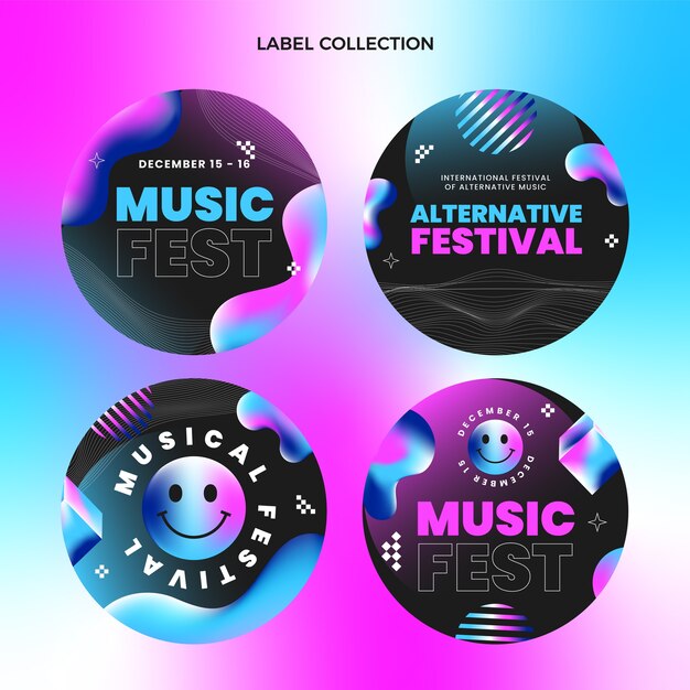 Etiqueta e emblemas de festivais de música gradiente e coloridos