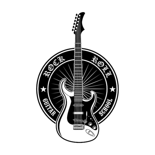 Etiqueta redonda para ilustração vetorial de escola de guitarra. Etiqueta promocional negra ou publicidade para aulas de música rock