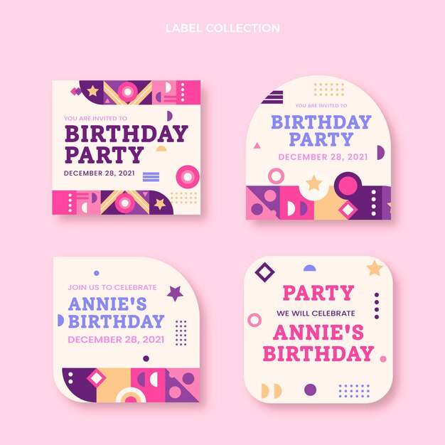 Etiquetas de aniversário em mosaico de design plano