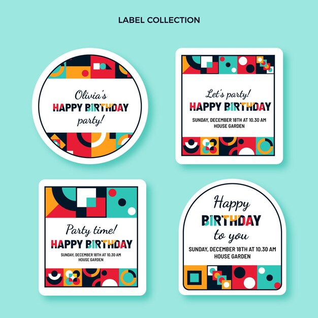 Etiquetas de aniversário em mosaico de design plano