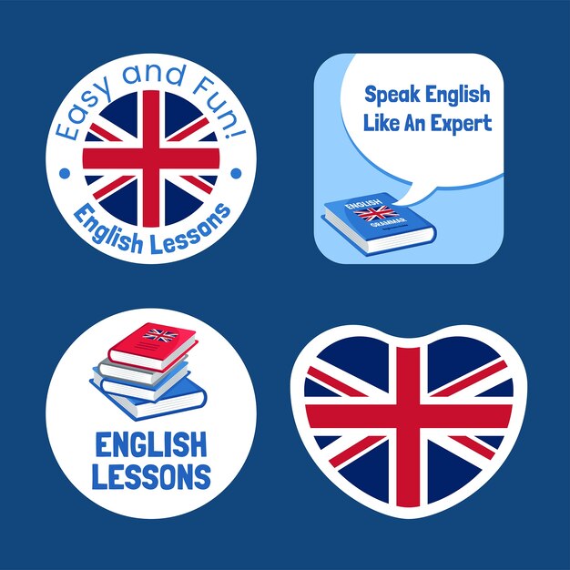 Etiquetas de aulas de inglês de design plano