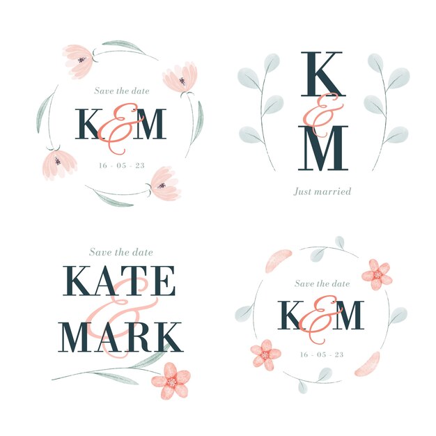Etiquetas de celebração de casamento floral em aquarela