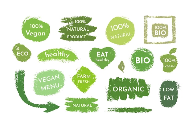 Etiquetas de comida vegan desenhadas à mão e coleção de vetores de etiquetas. eco, bio, orgânico, fresco, saudável, 100 natural, alimento, produto cru.