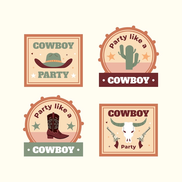 Vetor grátis etiquetas de festa de cowboy de design plano