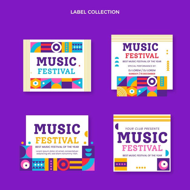 Etiquetas de festivais de música em mosaico de design plano