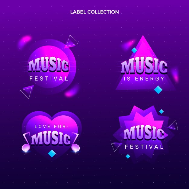 Etiquetas de festivais de música gradiente e colorida