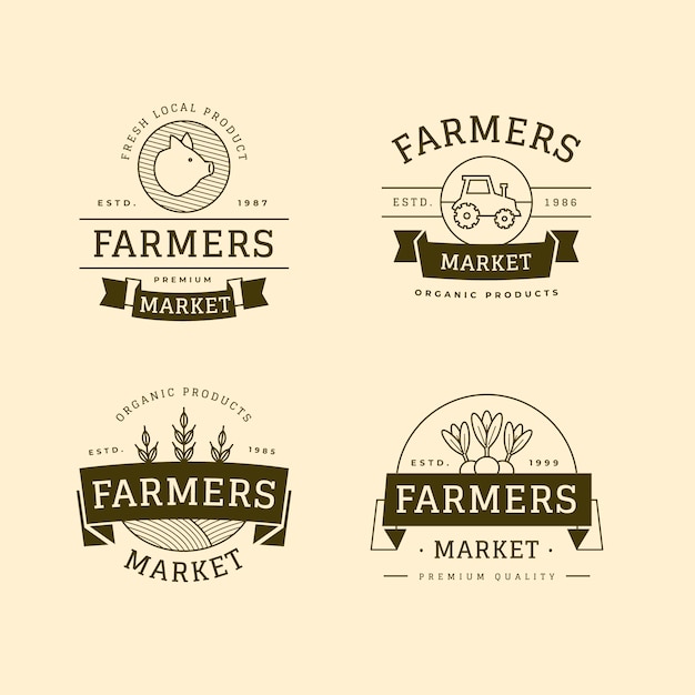 Etiquetas de mercado de agricultores de design plano desenhados à mão