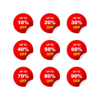 Etiquetas de venda conjunto redondo de 10, 20, 30, 40, 50, 60, 70, 80, 90 por cento de desconto em um fundo branco. ilustração vetorial eps 10