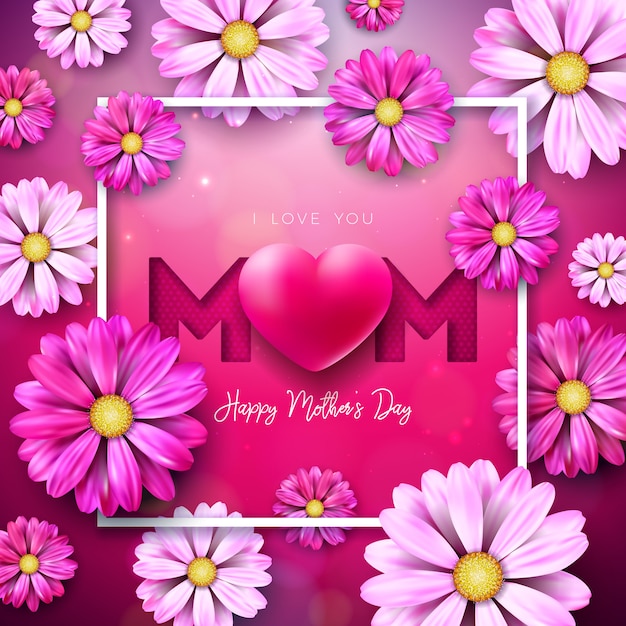 Eu te amo, mãe. Feliz dia das mães cartão Design com flor e coração vermelho sobre fundo rosa. Modelo de ilustração de celebração para banner, panfleto, convite, folheto, cartaz.