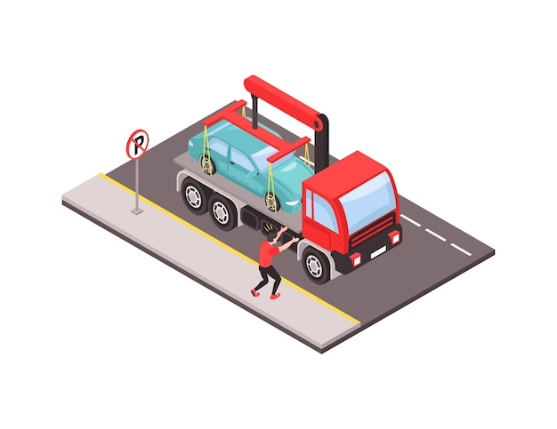 Evacuação do carro para estacionamento errado por ilustração vetorial 3d isométrica de caminhão de reboque