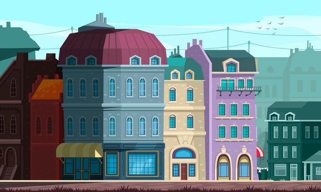 Evolução arquitetônica renovada edifícios públicos de estilo neoclássico com telhados em cúpula imponentes casas residenciais ilustração esquina