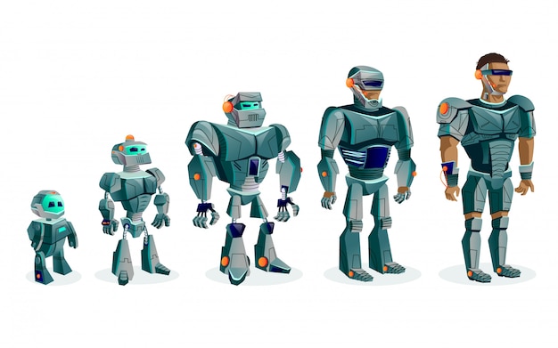 Vetor grátis evolução dos robôs, progresso tecnológico da inteligência artificial