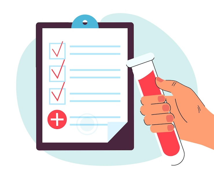 Vetor grátis exame de sangue de laboratório médico do tubo de amostra na mão humana. pessoa segurando o frasco perto da lista com ilustração vetorial plana de resultados. relatório, conceito de medicina para banner, design de site ou página da web de destino