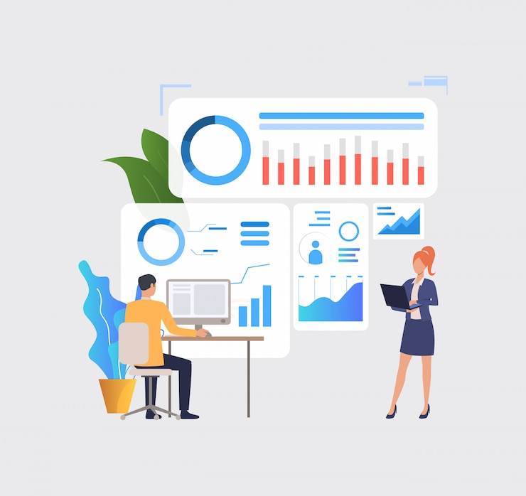 Vetor grátis executivos que analisam gráficos financeiros em computadores