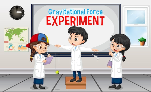 Experiência de força gravitacional com personagem de desenho animado de crianças cientistas