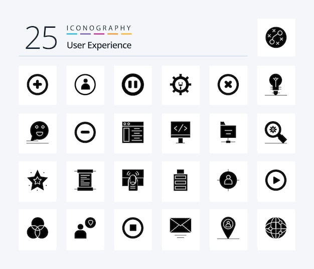 Vetor grátis experiência do usuário 25 pacote de ícones solid glyph, incluindo configuração de chave de mídia