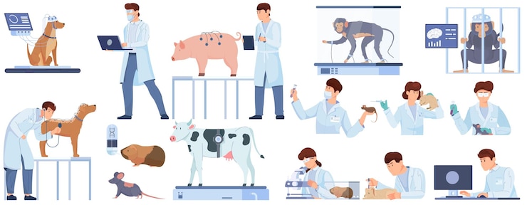 Vetor grátis experimentos de laboratório em conjunto plano animal de cientistas testando drogas condições extremas atividade cerebral isolada ilustração vetorial