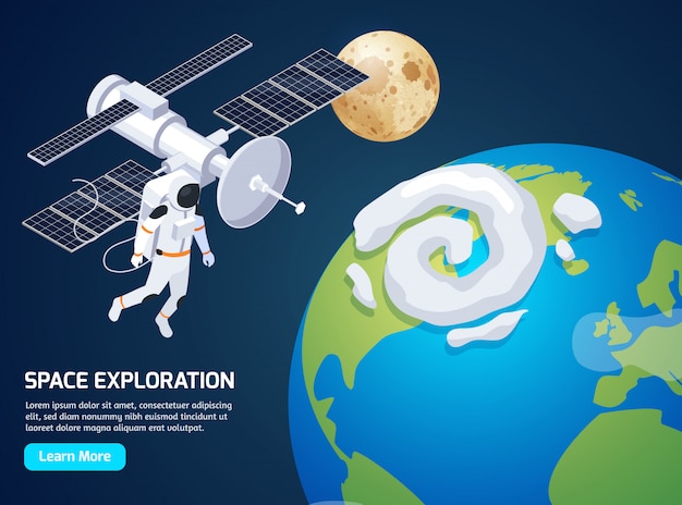 Exploração isométrica com texto aprender mais botão e imagens de astronauta de caminhada espacial e ilustração vetorial de satélite
