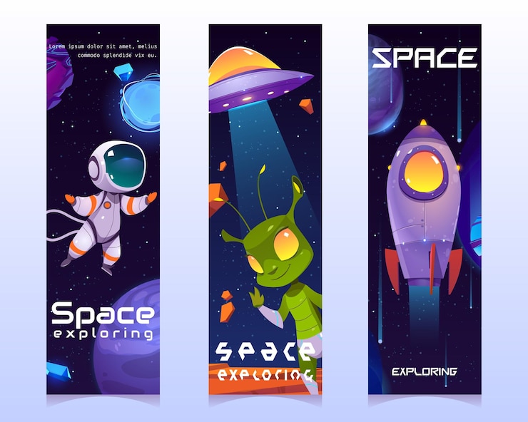 Vetor grátis explorando o espaço, banners verticais de desenhos animados, alienígena simpático fofinho, disco voador, astronauta, planetas, foguete ou ônibus espacial na galáxia. fundos cósmicos fantásticos com objetos do universo, ilustração vetorial, conjunto