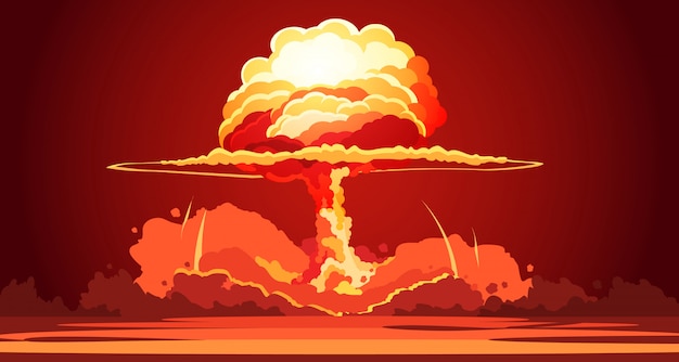 Vetor grátis explosão nuclear, levantar-se, laranja, fireball, de, atômico, cogumelo, nuvem, em, deserto, arma
