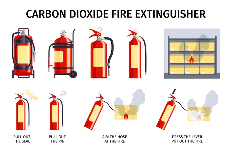 Vetor grátis extintor de incêndio definido com ícones isolados de garrafas de rolha de dióxido de carbono com ilustração vetorial de legendas de texto editáveis