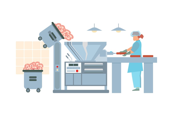 Vetor grátis fábrica de processamento de carne plana, trabalhador de nutrição em uniforme, fazendo produtos de carne
