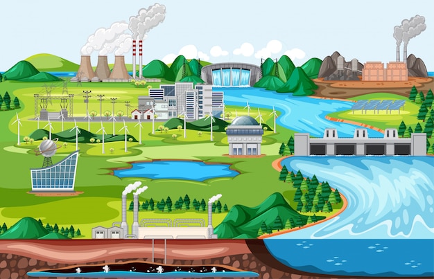 Vetor grátis fábrica industrial de construção com cena de paisagem do lado do rio em estilo cartoon