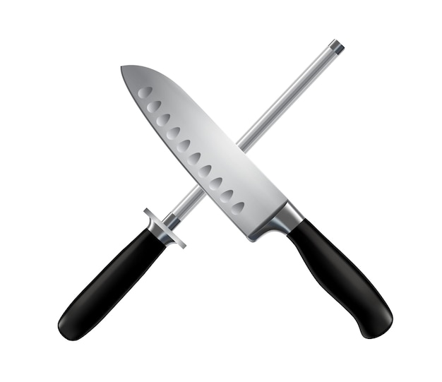 Vetor grátis faca de açougueiro e afiador de aço inoxidável com cabo preto cruzado close-up ilustração de imagem realista