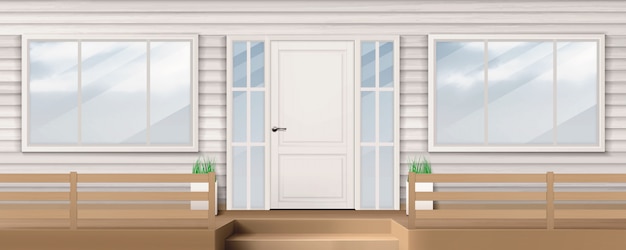 Fachada da casa com porta branca, janela, parede de tapume