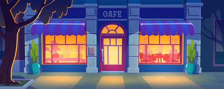 Vetor grátis fachada do café noturno com silhuetas de pessoas dentro ilustração de desenhos animados vetoriais de porta e janelas iluminadas de sombras de restaurante de homens e mulheres jantando em mesas rua urbana escura com árvore