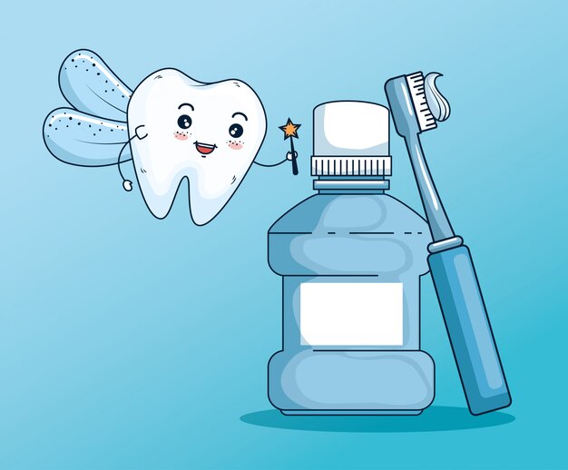 Fada dos dentes com enxaguatório bucal e escova de dentes