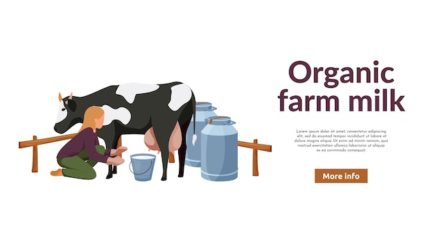 Faixa plana de fazenda orgânica com mulher ordenhando vaca