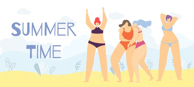 Faixa positiva da mulher dos desenhos animados do corpo do tempo de verão