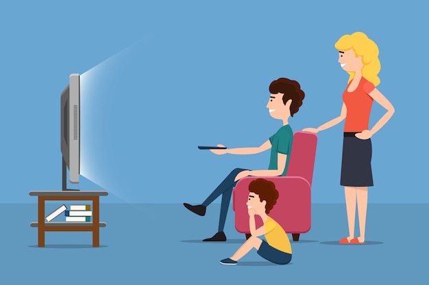 Família assistindo tv. mulher filho homem e tela. ilustração em vetor plana