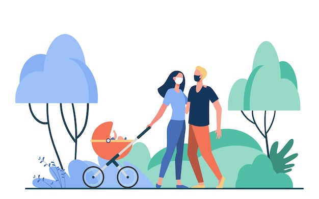 Família com bebê no carrinho de bebê usando máscaras. criança, buggy, ilustração plana do parque