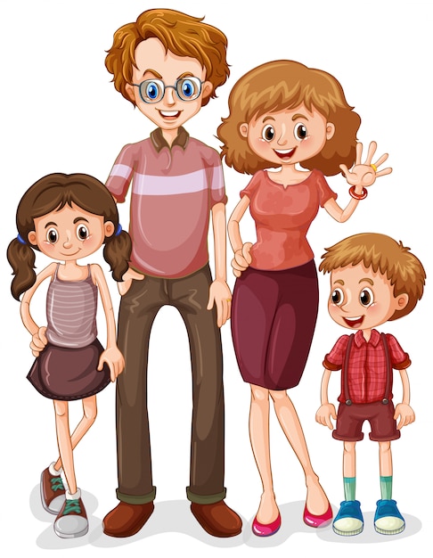 Família com pais e dois filhos em fundo branco