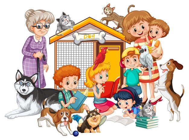 Família com seus cães em estilo cartoon