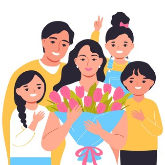 Família dá flores a uma mulher mulher com um buquê dia internacional das mulheres ilustração em vetor plana